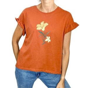 Boho pure cotton ruffle sleeve teracotta orange metallic gold lily t shirt L